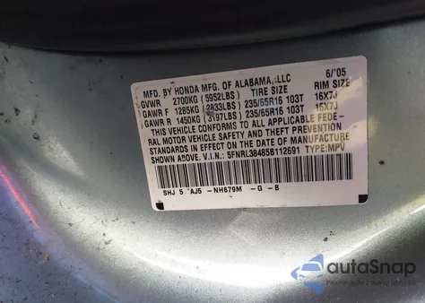 2005 Honda Odyssey Ex из США, поврежденный, VIN 5FNRL38485B112691